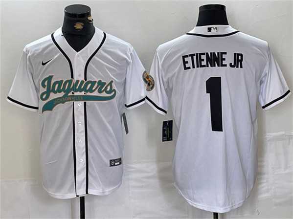 Mens Jacksonville Jaguars #1 Travis Etienne Jr. White With Patch Cool Base Baseball Stitched Jersey